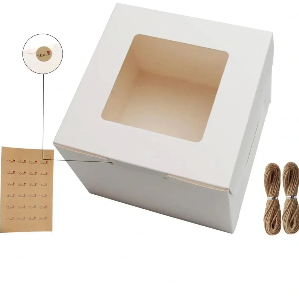 🆕 12Packs 6x6x5 Inches White Cake Boxes with Window With Stickers and Twine